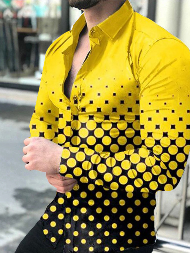  Men's Shirt Polka Dot Turndown Street Daily Button-Down Print Long Sleeve Regular Fit Tops Designer Casual Fashion Breathable Yellow