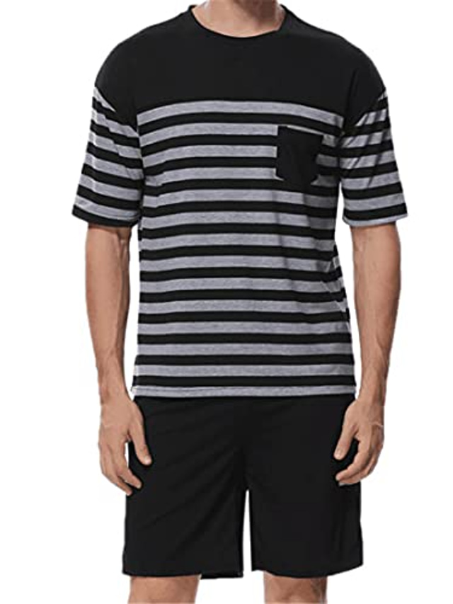  summer mens striped pajama set short sleeve shirt shorts sets sleepwear pjs set lightweight black