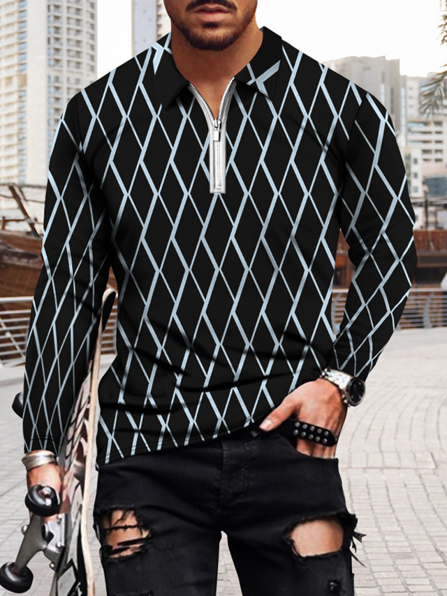  Men's Collar Polo Shirt Golf Shirt Zip Fashion Casual Breathable Winter Long Sleeve Black Geometric 3D Print Turndown Zip Street Casual Zipper Print Clothing Clothes Fashion Casual Breathable