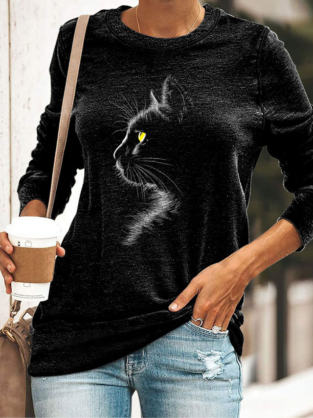  女性用 Tシャツ デザイナー 熱間鍛造 猫 グラフィック デザイン 長袖 ラウンドネック 日常 プリント 服装 デザイナー ベーシック グリーン ブラック ブルー