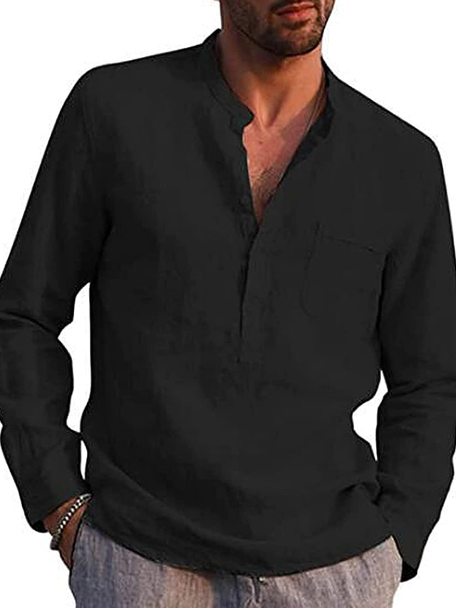  Men's Linen Shirt Shirt Solid Color Pocket Collar V Neck Light Blue Wine Red Black White khaki Street Gift Long Sleeve Formal Style Modern Style Clothing Apparel Cotton Vacation Vintage Fashion Boho