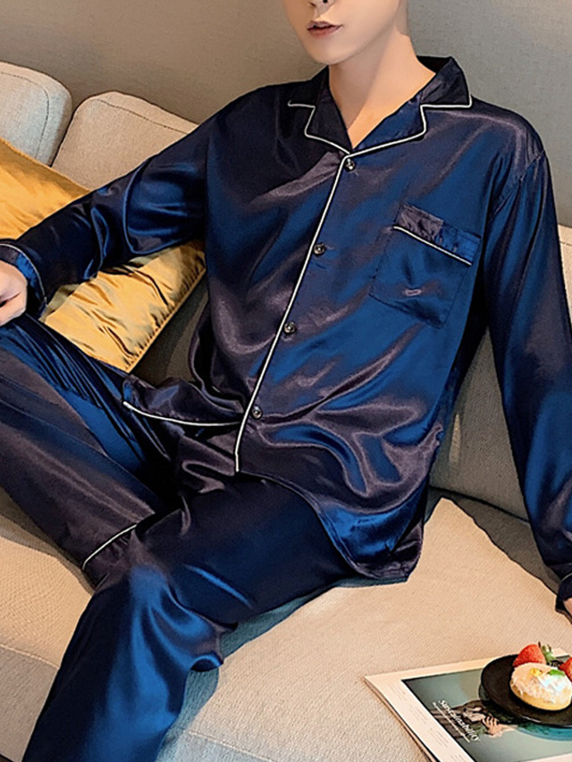  Bărbați Pijamale loungewear Seturi 1set Culoare pură Modă Moale Casă Pat Poliester Rever Manșon Lung Pantaloni De Bază Toamnă Primăvară Trifoi Albastru piscină