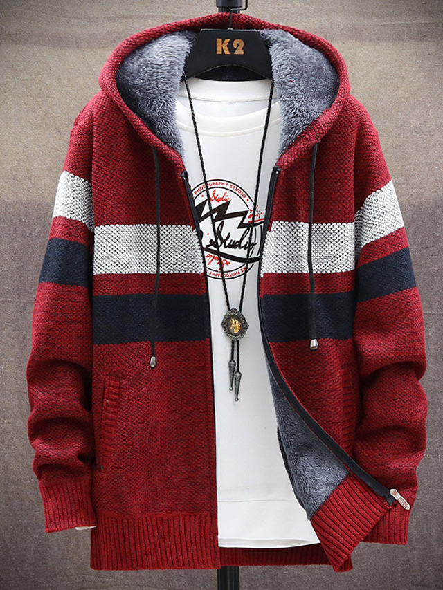  Men's Sweater Cardigan Sweater Hoodie Knit Knitted Color Block Hooded Stylish Outdoor Home Clothing Apparel Winter Fall Blue Wine S M L