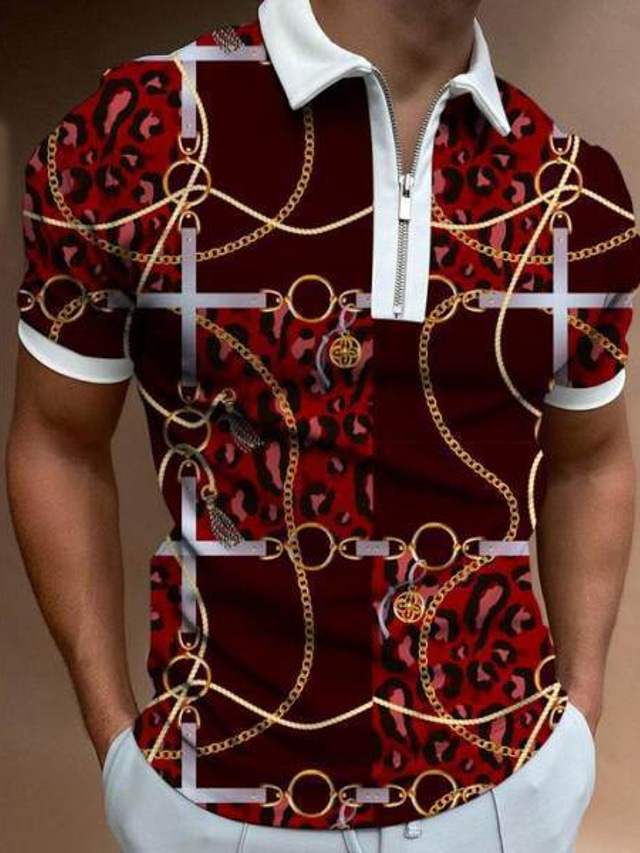  Men's Golf Shirt Chains Print Collar Street Casual Zipper Print Short Sleeve Tops Sportswear Casual Fashion Streetwear Red / Summer