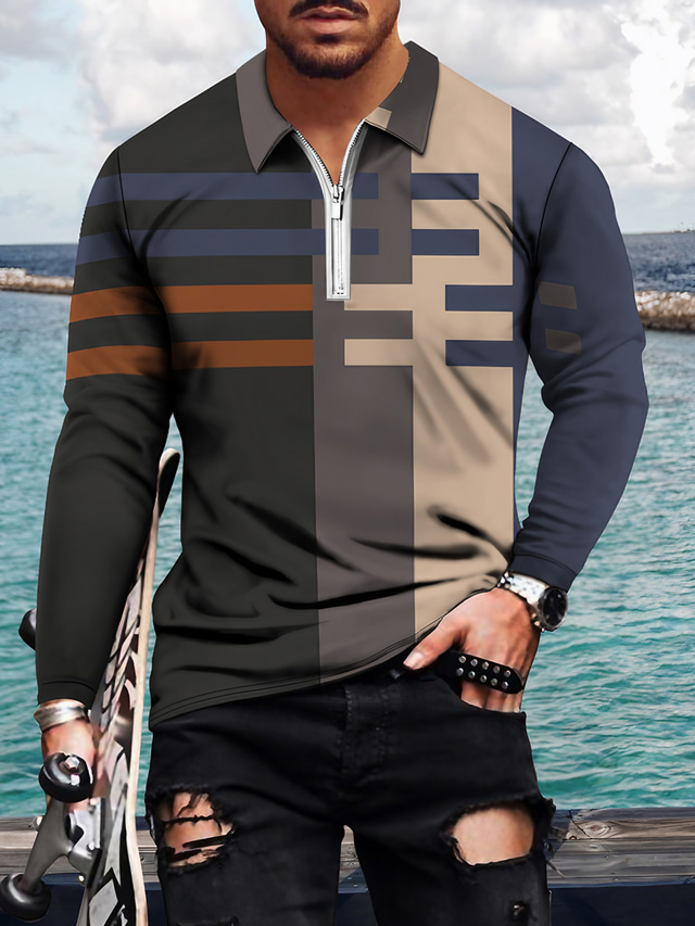  Men's Collar Polo Shirt T shirt Tee Golf Shirt 3D Print Striped Color Block Collar Casual Daily Zipper Print Long Sleeve Tops Casual Fashion Cool Breathable Wine Blue Gray / Winter