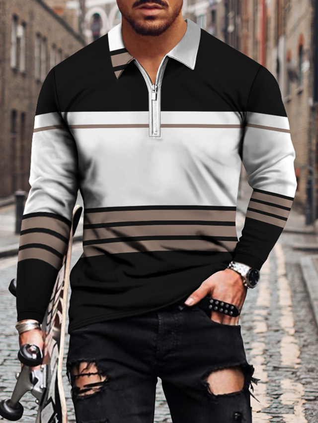  Men's Collar Polo Shirt T shirt Tee Golf Shirt Zip Fashion Cool Casual Winter Long Sleeve Blue Brown Light Blue Gray White Geometric Striped 3D Print Collar Zip Outdoor Casual Zipper Print Clothing