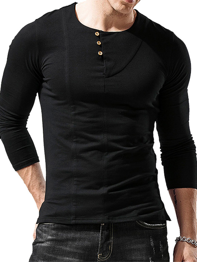  Men's T shirt Tee Solid Color Round Neck Daily Outdoor Button-Down Long Sleeve Tops Simple Fashion Sports Green White Black