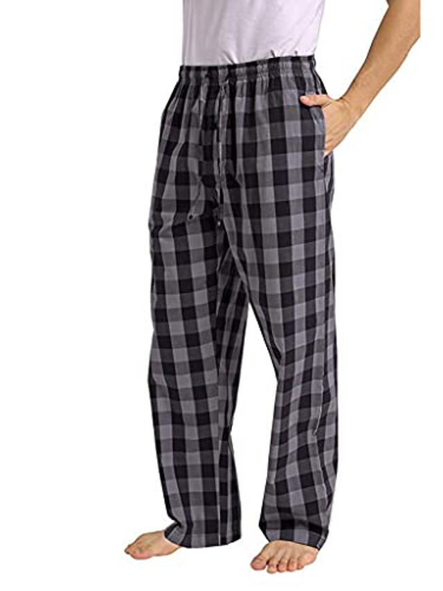  Calça de pijama de flanela de algodão masculino calça de pijama xadrez suave com bolsos e calça de pijama leve cinza