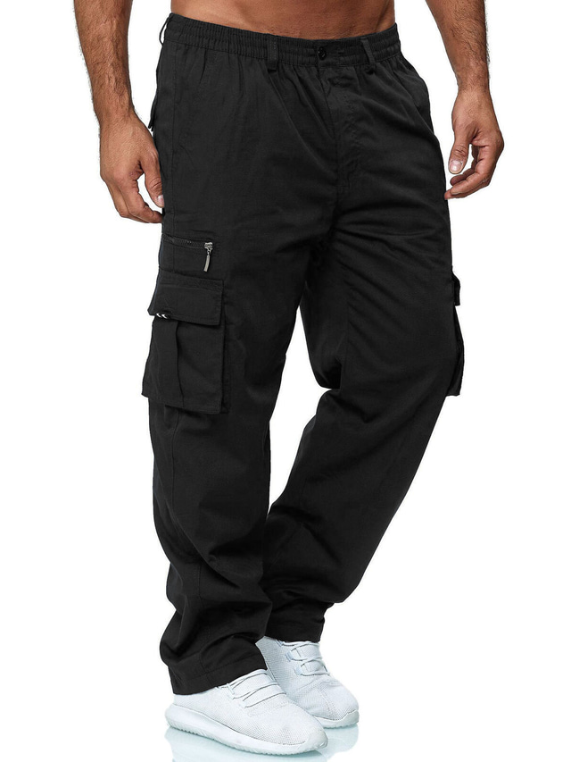  men's casual cargo pants trousers multi-pocket loose work pants outdoor trousers sports fitness cargo pants black khaki straight-leg pants with elastic waist