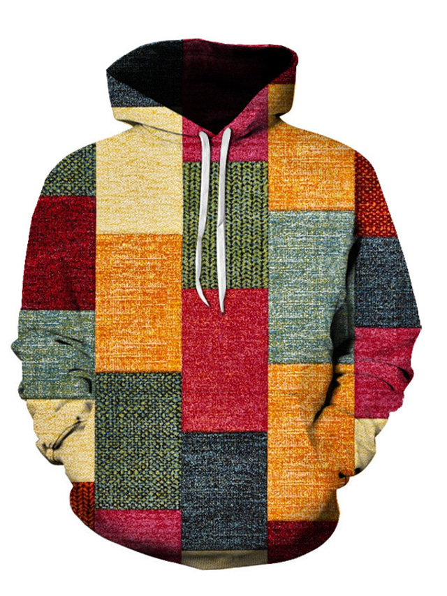  Men's Hoodie Pullover Hoodie Sweatshirt Custom Print Red Blue Purple Orange Hooded Graphic Plaid Color Block Lace up Casual Daily Holiday 3D Print Sportswear Casual Big and Tall Fall & Winter
