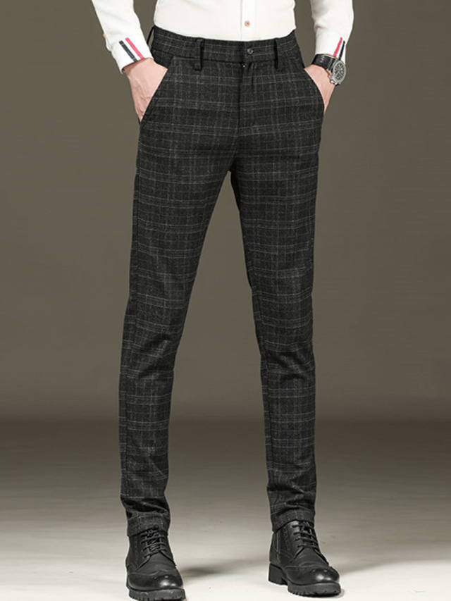  Men's Dress Pants Trousers Pants Pocket Solid Color Plaid Plain Comfort Breathable Full Length Formal Business Stylish Casual Slim Black+Grey Black Stretchy