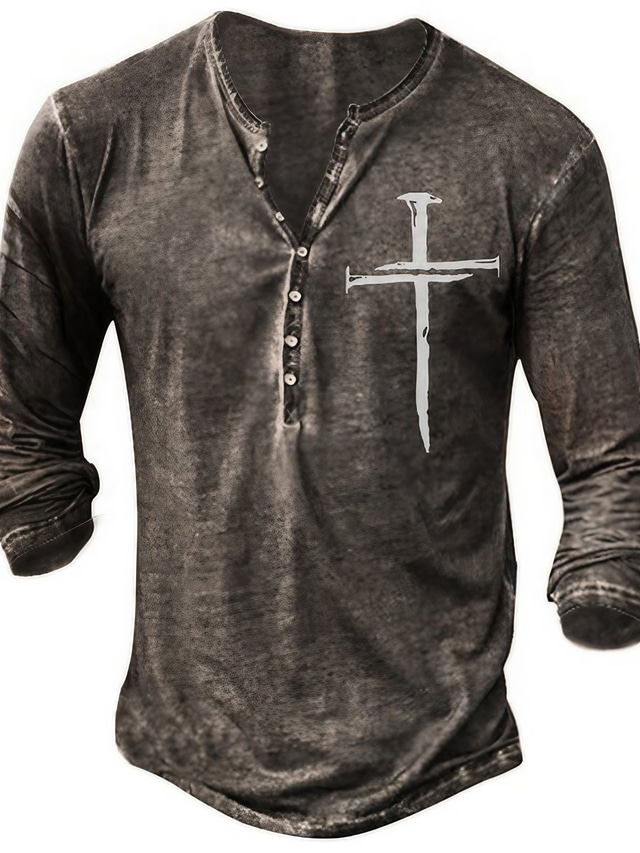 男性用 Tシャツ Ｖネック 1950年代風 長袖 グラフィック 十字架 Ｖネック カジュアル 日常 ボタンダウン 服装 ライトウェイト 1950年代風 カジュアル ブラック ライトブラウン ダックグレー