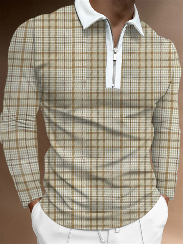  Men's Collar Polo Shirt Golf Shirt Fashion Streetwear Sportswear Long Sleeve Khaki Plaid Collar Outdoor Street Zipper Print Clothing Clothes Fashion Streetwear Sportswear