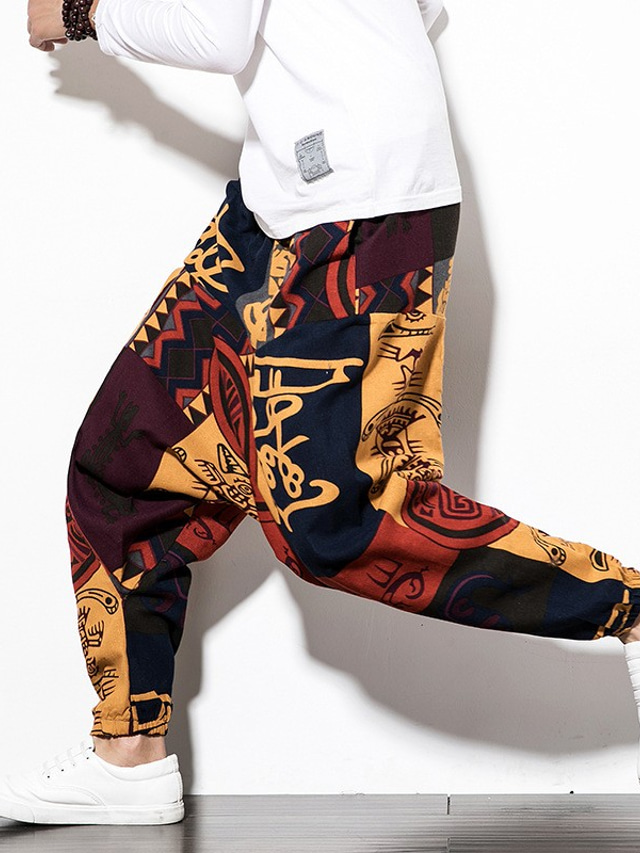  Męskie Styl chiński Spodnie Harlem Haremki Uprawiający jogging Spodnie plażowe Elastyczny pas Nadruk Pełna długość Spodnie Codzienny Średnio elastyczny Rośliny Graficzny Oddychający Miękka Średni
