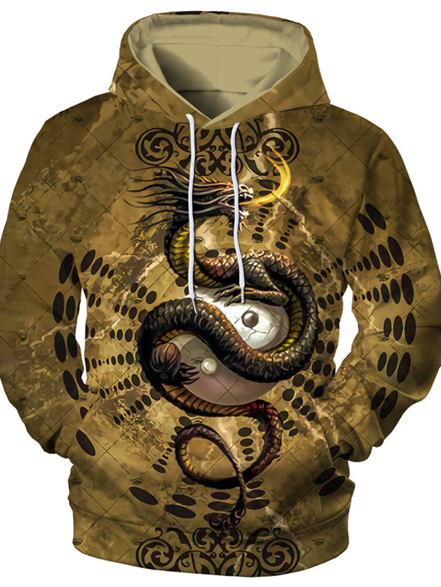  Men's Hoodie Sweatshirt Print Designer Casual Big and Tall Graphic Dragon Graphic Prints Brown Print Hooded Daily Sports Long Sleeve Clothing Clothes Regular Fit
