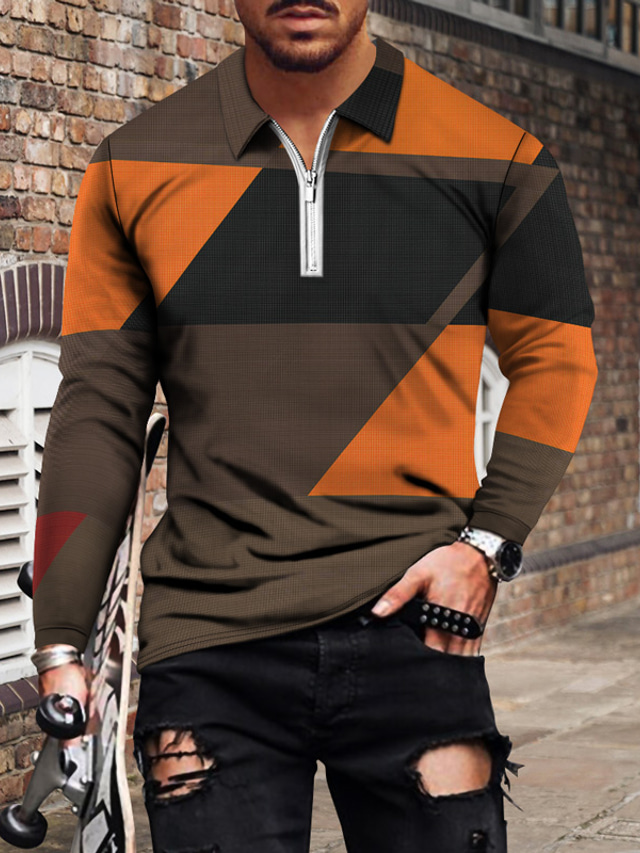  Herr POLO Shirt T-shirt Golftröja Blixtlås Mode Häftig Ledigt Vinter Långärmad Blå Gul Orange Marinblå Svart Geometrisk Färgblock 3D-tryck Krage Blixtlås Utomhus Ledigt Dragkedja Mönster Kläder Kläder
