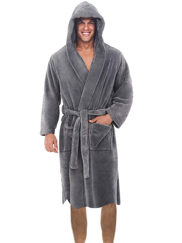  mens bathrobes big and tall contrast color warm fleece robe with hood flannel fuzzy mid length robes for men gifts
