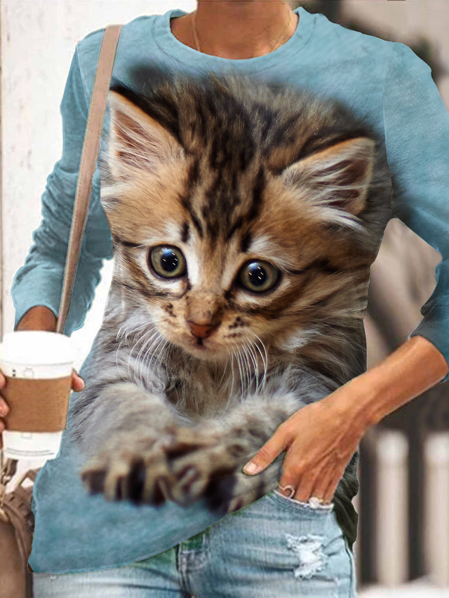  نسائي تي شيرت مصمم طباعة ثلاثية الأبعاد قطة الرسم 3D التصميم حيوان كم طويل رقبة دائرية مناسب للبس اليومي طباعة ملابس ملابس مصمم أساسي أزرق