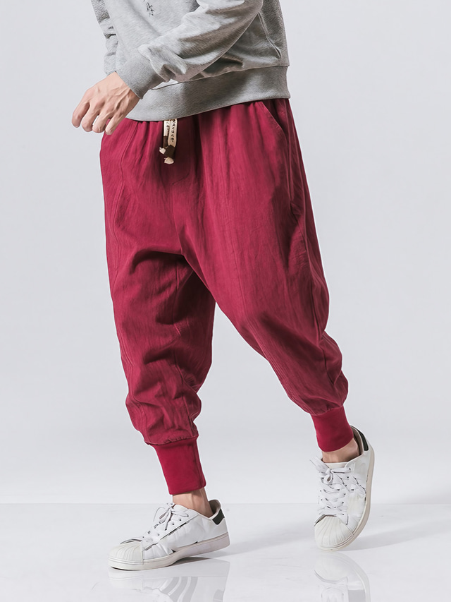  Men's Joggers Linen Pants Trousers Summer Pants Beach Pants Pocket Drawstring Baggy Plain Breathable Sports Daily Holiday Chinoiserie Hippie Black Navy Blue