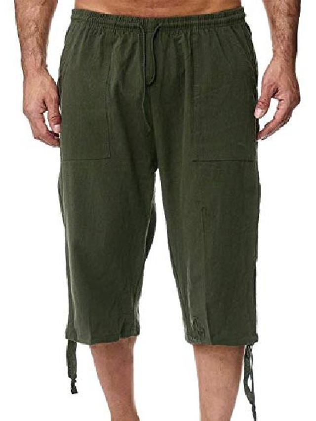  Men's Lightweight Capri Pants Loose Drawstring Cotton Shorts 3/4 Pants with Pockets (Green, X-Small)