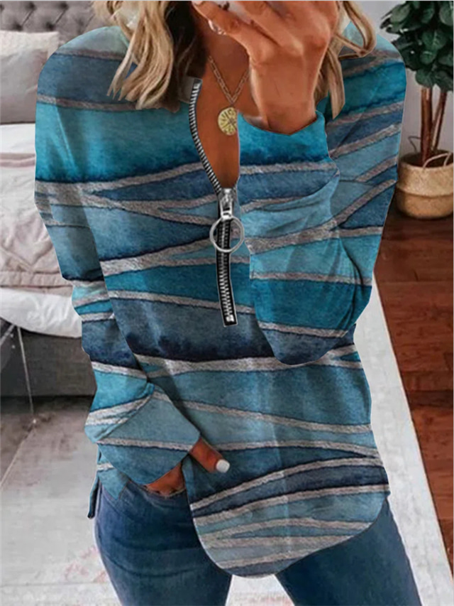  Dames Sweatshirt met rits Geometrisch Vetoketju Lapwerk Afdrukken Casual Dagelijks Streetwear 3D-afdrukken Casual Hoodies Sweatshirts blauw