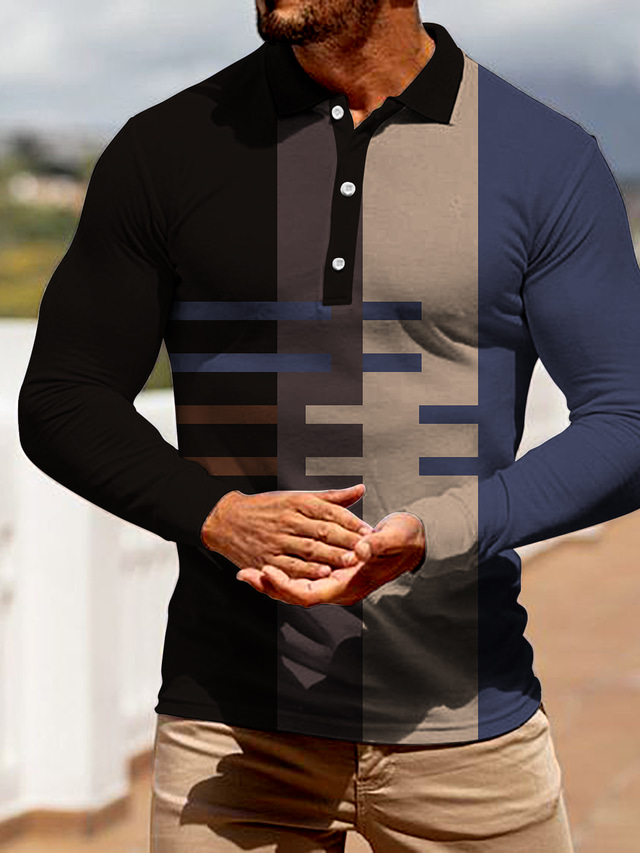  Men's Collar Polo Shirt T shirt Tee Golf Shirt Fashion Streetwear Casual Long Sleeve Black Color Block Collar Outdoor Street Button-Down Print Clothing Clothes Regular Fit Fashion Streetwear Casual
