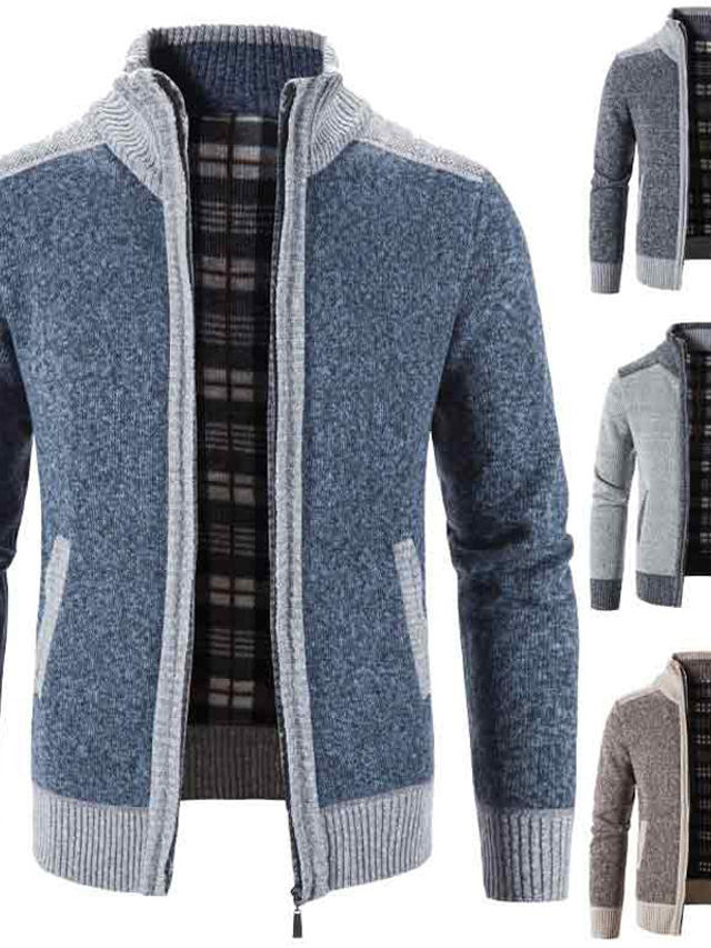  Men's Cardigan Zip Sweater Sweater Jacket Knit Knitted Color Block Shirt Collar Stylish Casual Outdoor Sport Clothing Apparel Winter Fall Blue Light gray S M L / Long Sleeve