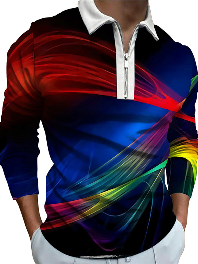  Homme POLO T Shirt golf Zip Mode Casual Respirable Manches Longues Bleu Linéaire 3D effet Col Zip Extérieur Plein Air Zippé Impression 3D Vêtements Mode Casual Respirable