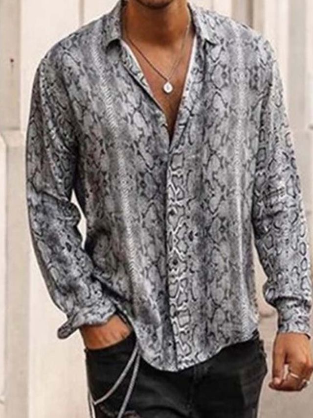  Men's Shirt Snake Print Collar Blue Green Gray Outdoor Street Long Sleeve Button-Down Clothing Apparel Vintage Fashion Ethnic Style Casual