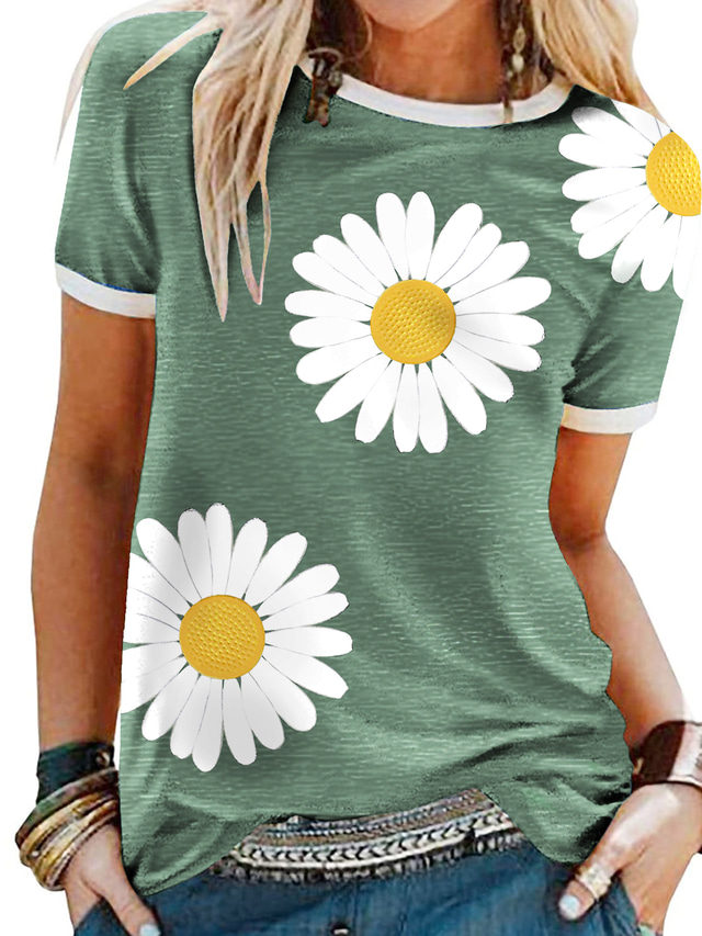  Dame T-shirt Blomstret Blomst Solsikke Rund hals Toppe Løstsiddende Blå Grå Grøn / 3D-udskrivning