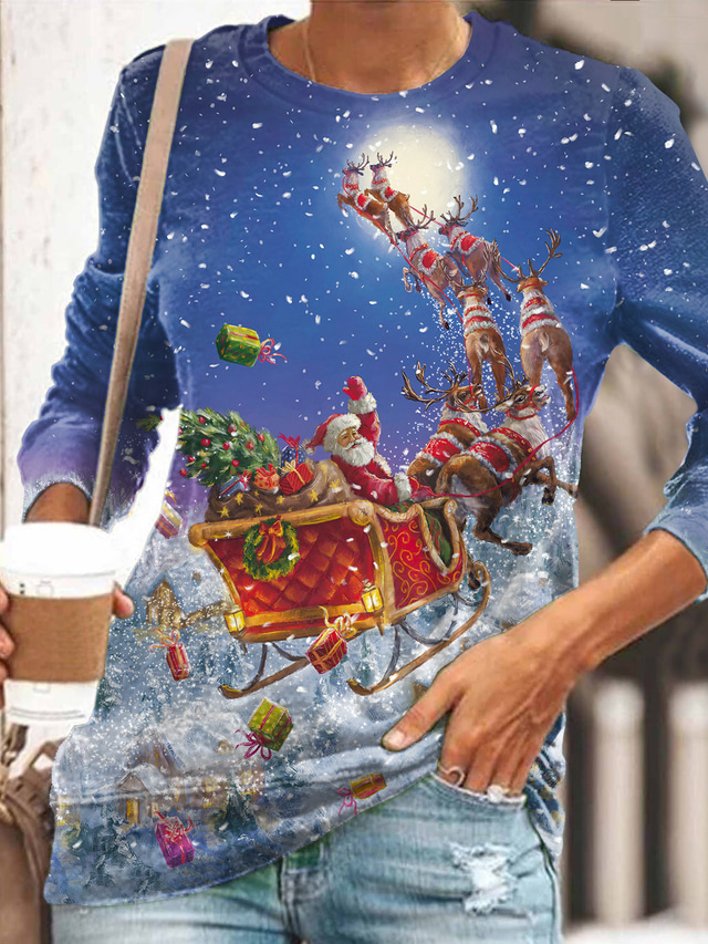  نسائي تي شيرت مصمم طباعة ثلاثية الأبعاد الرسم 3D ندفة ثلجية الرنة بابا نويل كم طويل رقبة دائرية هدية طباعة ملابس ملابس مصمم أساسي أزرق / التصميم