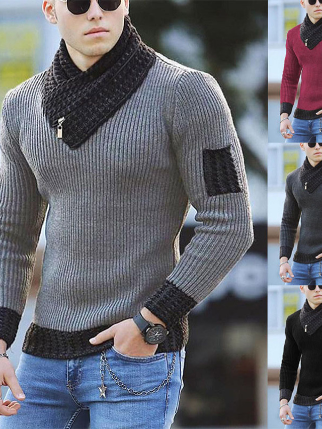  Men's Sweater Pullover Knit Knitted Color Block Turtleneck Ethnic Style Daily Spring Fall Black Gray S M L / Long Sleeve