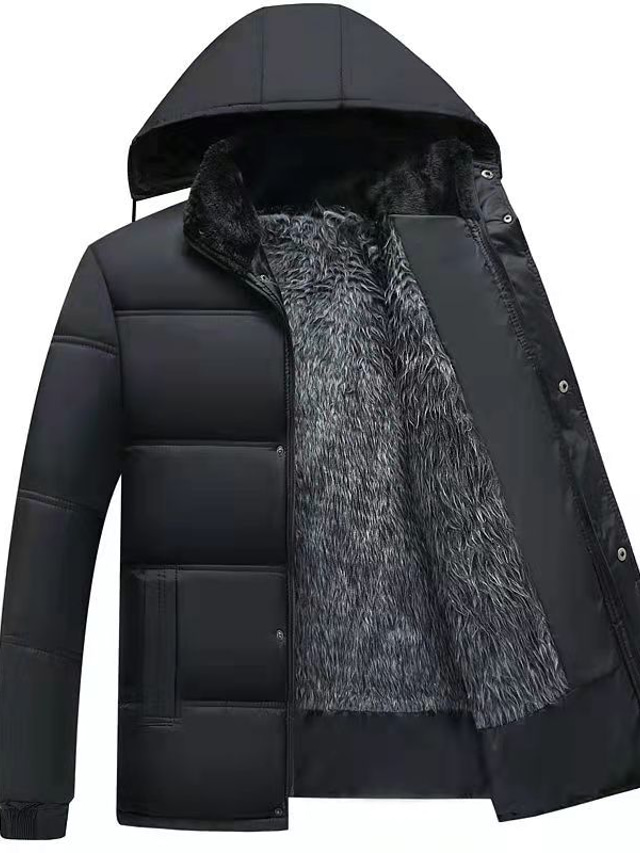  Men's Winter Jacket Parka Hoodied Jacket Winter Regular Solid Color Pocket Casual Daily Detachable Fleece Warm Yellow Black