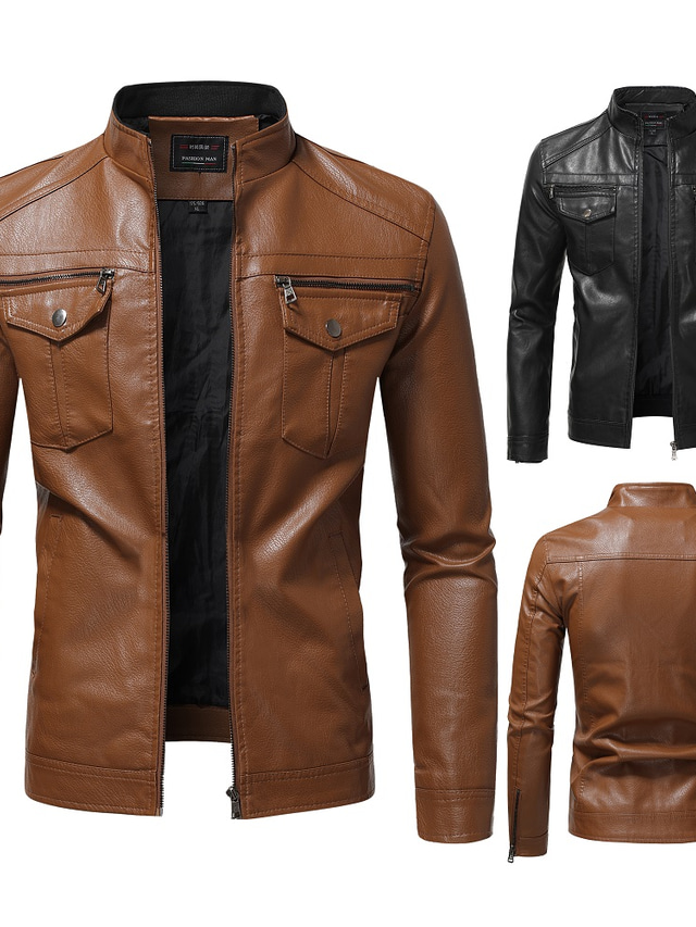  Men's Faux Leather Jacket Winter Regular Solid Color Adjustable Punk Fashion Street Casual Thermal Warm Windproof Black Brown