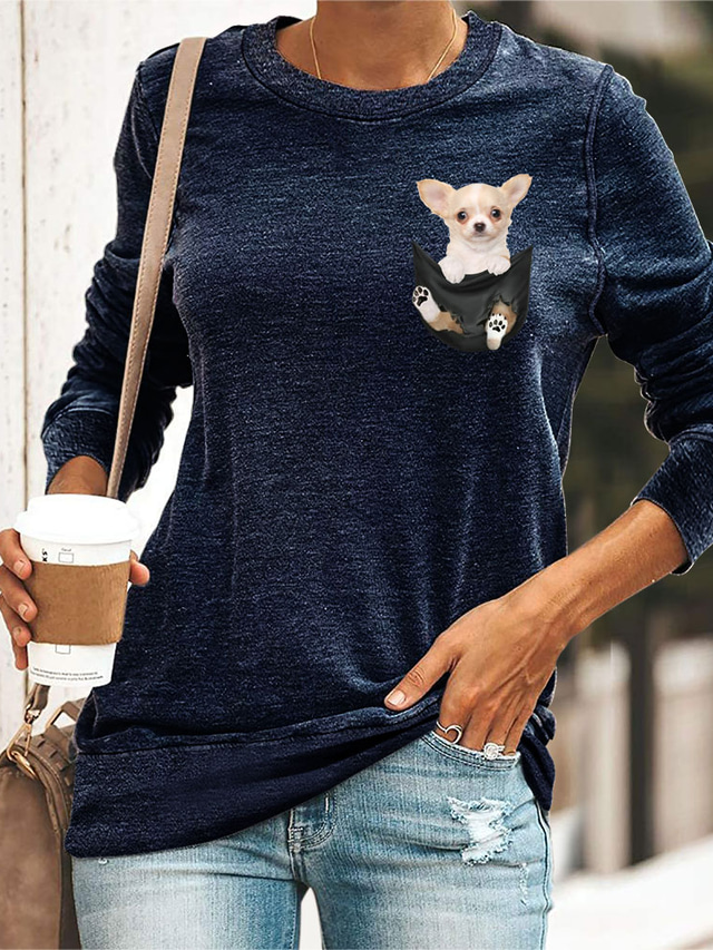  Damen T Shirt Design Heißprägen Hund Graphic 3D Design Tier Langarm Rundhalsausschnitt Täglich Bedruckt Kleidung Design Basic Grün Schwarz Blau