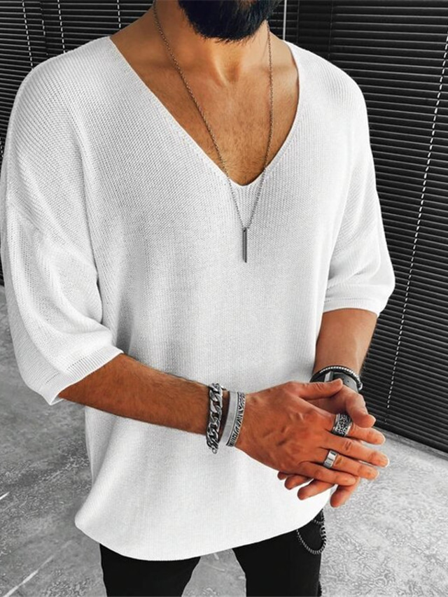  Herre T-shirt V-hals Halvlange ærmer Helfarve V-hals Afslappet Daglig Tøj Tøj Letvægt Afslappet Mode Hvid Sort Brun