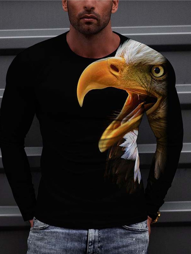  Men's T shirt Tee Designer 1950s Long Sleeve Graphic Prints Eagle Print Crew Neck Daily Holiday Print Clothing Clothes Designer 1950s Casual Black