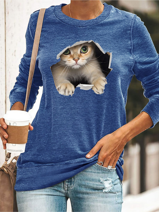  Naisten T-paita Suunnittelija 3D-tulostus Kissa Kuvitettu 3D Design Pitkähihainen Pyöreä kaula-aukko Päivittäin Painettu Vaatteet Vaatteet Suunnittelija Perus Apila Musta Uima-allas