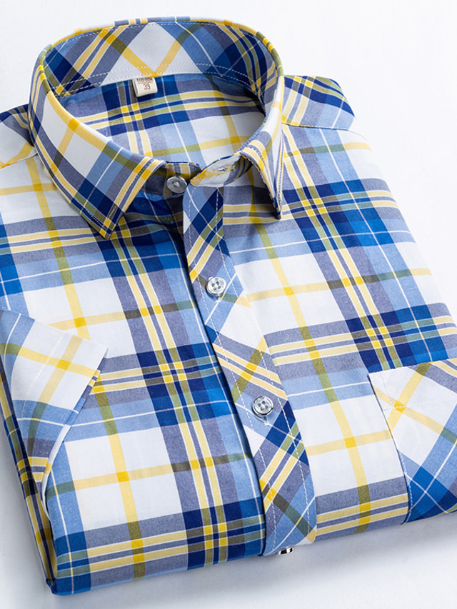  Men's Dress Shirt Yellow Dark Pink Blue Short Sleeve Stripes and Plaid Turndown Spring & Summer Office & Career Office Party Clothing Apparel