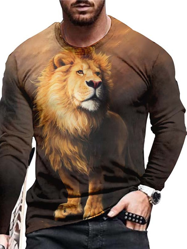  Men's T shirt Tee Designer 1950s Casual Long Sleeve Brown Gray Lion Graphic Prints Print Crew Neck Daily Holiday Print Clothing Clothes Designer 1950s Casual