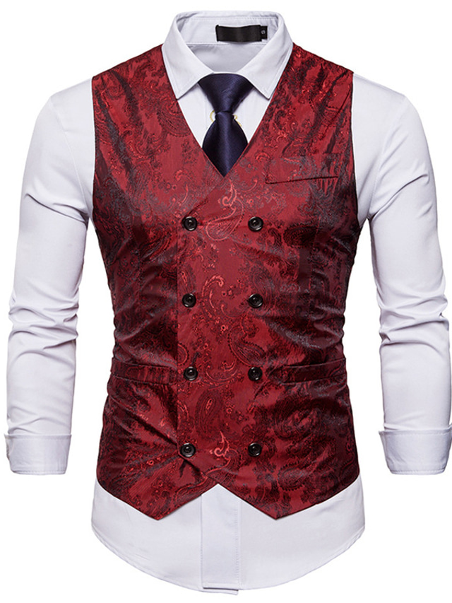  Men's Vest Waistcoat Formal Wedding Party Stage Smart Casual Polyester Geometric V Neck Regular Fit Black White Yellow Red Vest