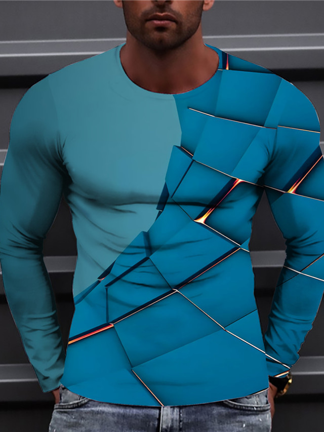  男性用 Tシャツ デザイナー 1950年代風 長袖 幾何学模様 グラフィック プリント クルーネック 日常 祝日 プリント 服装 デザイナー 1950年代風 カジュアル ブルー