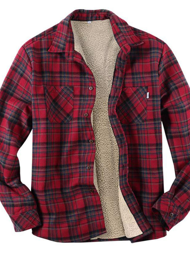  Ανδρικά Χειμωνιάτικα μπουφάν Μπουφάν πουκάμισο Χειμερινό παλτό Μπουφάν Sherpa Φανελένιο μπουφάν Ζεστό Causal Σακάκι Εξωτερικά ενδύματα Καρό / Τετραγωνισμένο Ρουμπίνι
