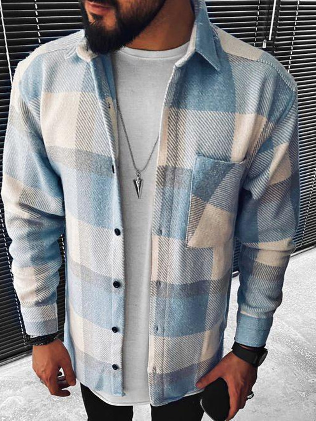  Men's Jacket Regular Plaid / Check Pocket Streetwear Sporty Casual Outdoor Street Daily Breathable Light Blue