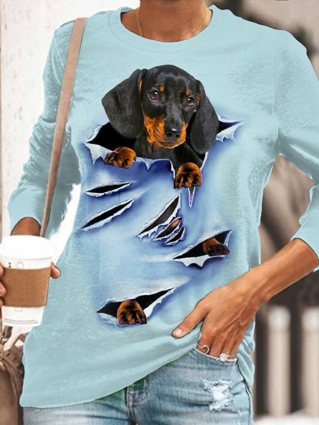  Dame T-shirt Designer 3D-udskrivning Hund Grafisk 3D Design Langærmet Rund hals Afslappet Trykt mønster Tøj Tøj Designer Basale Hvid Blå Lyserød
