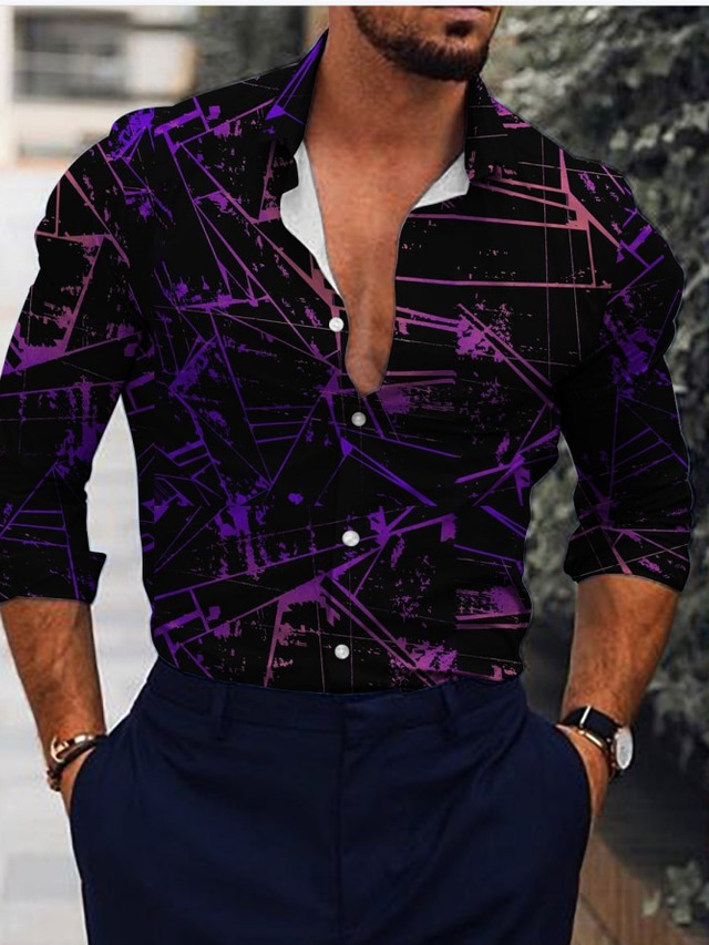  Homens Camisa Social Geométrica Aberto para a Lateral Rua Casual Botão para baixo Imprimir Manga Longa Blusas Casual Moda Confortável Roxo / Primavera / Verão
