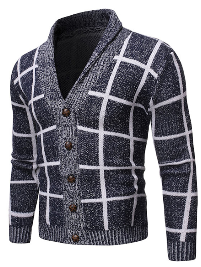  Men's Sweater Cardigan Knit Knitted Plaid V Neck Stylish Home Daily Fall Winter Blue Light gray S M L / Long Sleeve