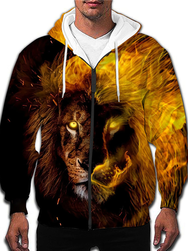  Men's Full Zip Hoodie Jacket Zipper Print Designer Casual Big and Tall Graphic Graphic Prints Lion Print Hooded Daily Sports Long Sleeve Clothing Clothes Regular Fit Gold