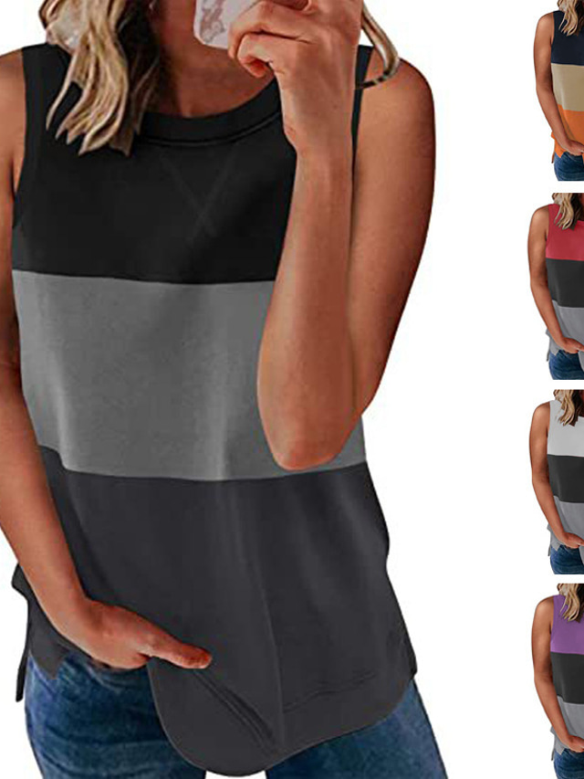  women's color matching printed striped sleeveless round collar top pullover cross-border vest