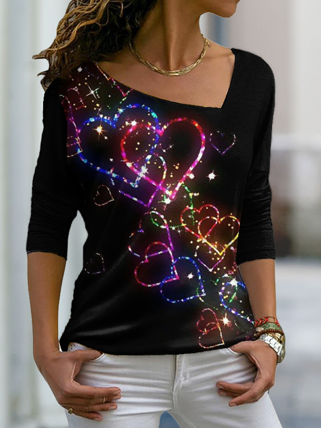  Valentinstag Frauen Herz T-Shirt Süß T-Shirt Reguläre Oberteile Langarm V-Ausschnitt Druck Reguläre Passform Täglich Wochenende Schwarz Herbst  Winter